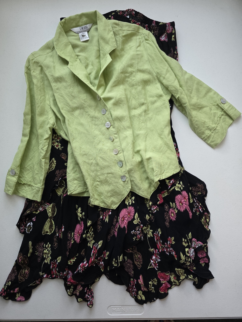 Stonebridge Signature Set-  Linen Button Front Top And Butterfly Floral Skirt